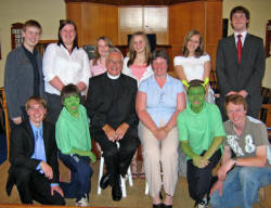 Some of the young people who took part in the Children�s Day Service at Hillhall Presbyterian Church on Sunday 11th June.  L to R: (front row) Stephen Kerr, Alex Sleator, Rev Jack Richardson, Hazel Campbell - Sunday School Superintendent, Marcus Hart and Matt Stewart.  (back row) Robert Preshaw, Kathryn Campbell, Debbie Preshaw, Rosie Curry, Sarah Watt and Philip Poots. 