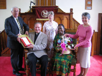 The Rev. Eckhard Buchholz and his wife Cathy pictured at his farewell sermon in Ballinderry Moravian Church last Sunday morning (25th June 2006). Also included are committee members L to R: Henry Wilson, Violet Best and Marilyn Marshall.