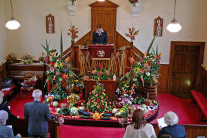 Sr Patsy Holdsworth - Student Minister pictured during the Harvest Service in Ballinderry Moravian Church last Sunday morning.