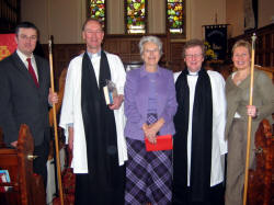 L to R: Nigel Adams - Rectors Church Warden, Rev. Canon John McCammond, Margaret McCammond, Rev. Nicholas Dark and Patricia Evans - Peoples Church Warden pictured at morning worship in Magheragall Parish Church last Sunday.