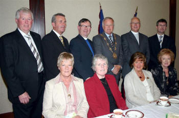 Pictured at a Re-opening and Dedication Service in Second Dromara Presbyterian Church on Wednesday 9th May are L to R: (back row) Alan Marshall - Building Project Manager, Rev Gary Trueman - Moderator of the Presbytery of Dromore, Rev David Porter, the Right Worshipful the Mayor, Councillor Trevor Lunn, the Rt Rev Dr David Clarke - Moderator of the General Assembly and Alderman Jeffrey Donaldson MP MLA. (front row) Mrs Ann Marshall, Mrs Norma Porter, Mrs Hazel Clarke and Mrs Laureen Lunn - Mayoress.