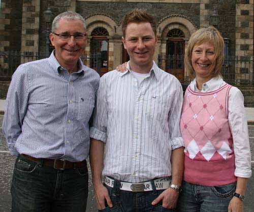 Johnny Wales pictured with his parents Dr Ian and Hazel Wales at Railway Street Presbyterian Church last Sunday morning.