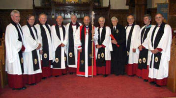 Chapter of St Saviour - Lisburn Cathedral pictured at the Enthronement Service in Christ Church Cathedral, Lisburn on Thursday 6th September are L to R: Rev Canon Sam Wright - Treasurer, Rev Canon George Graham - Prebendary of Connor, Rev Canon Percival Walker - Precentor, The Ven Dr Stephen McBride - Archdeacon of Connor, The Very Rev John Bond - Dean of Connor, The Rt Rev Alan Abernethy - Bishop of Connor, Rev Canon Stuart Lloyd - Chancellor, Rev Canon Edgar Turner - Registrar, Rev Canon William Bell - Prebendary of Rasharkin, Venerable Stephen Forde - Archdeacon of Dalriada and Rev Canon George Irwin - Prebendary of Kilroot.