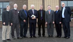 A Commission of the Presbytery of South Belfast pictured at the Opening and Dedication of the new church building in Taughmonagh on Saturday 8th September. L to R: Rev Alex Wimberly (McCracken Memorial Presbyterian Church), Rev Jack Lamb (Townsend Street Presbyterian Church), Rev Trevor Anderson (Clerk of South Belfast Presbytery), Rev Victor Sinclair (Moderator of South Belfast Presbytery), Rev Robert Love (Minister of Taughmonagh), Rev Dr Bill Moore (Former Minister of Taughmonagh), The Rt Rev Dr John Finlay (Moderator of the General Assembly) and Rev Derek McKelvey (Fisherwick Presbyterian Church).