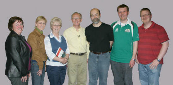 Some of the Lisburn people who went backstage to meet and chat with Tennessee contemporary Christian music artist Michael Card in Trinity Methodist Church last Thursday evening (17th April). L to R: Senga McEvoy, Maureen Green, Heather Maxwell, Rev Desi Maxwell, Michael Card, David Davidson and Paul Coulter.