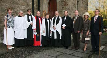 Pictured at a Service of Institution are L to R: Roberta Campbell (Churchwarden), John Williams (Parish Reader), Rev Clifford Skillen (Bishop�s Chaplain), Rt Rev Alan Abernethy (Bishop of Connor), Rev Denise Acheson, Rev John Budd (Rural Dean), Rev William Taggart (Registrar), Councillor James Tinsley (Lisburn Mayor), Mrs Margaret Tinsley (Mayoress) and David McKinley (Churchwarden).