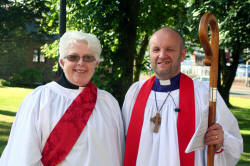 Helen MacArthur pictured with the Bishop of Connor, the Rt Rev Alan Abernethy, at a Service of Ordination in St Patrick�s Parish Church, Ballymena, last Sunday evening (15th June).