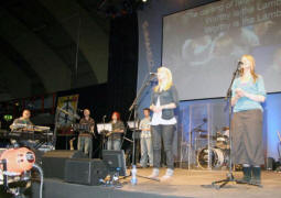 Ian Hannah (Musical Director) and his team of talented musicians and vocalists pictured leading the lively praise backed by over 4,500 young people who packed the King�s Hall for morning worship at Summer Madness last Sunday morning.