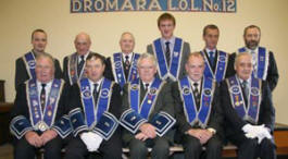 Dromara LOL No 12 pictured at the Lower Iveagh District Service in Second Dromara Presbyterian Church last Sunday afternoon (6th July). L to R: (front) Bro William Campbell (Past District Master), Bro Robert McCalla (Deputy Master), Bro Wesley Jess (Worshipful Master), Bro Ernest Cambell (Treasurer) and Bro Isaac McKnight (Past Master). (back row) Bro Geoff Magowan, Bro Jim Gamble, Bro Clifford Campbell, Bro Scott Carson, Bro Richard Martin and Bro Les Carson.