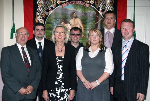 Lower Iveagh Cultural and Heritage Committee pictured at �My Favourite Hymns� in Dromore Orange Hall last Sunday evening (13th July). L to R: Bro Eric Jess (Worshipful District Master), Bro Dr Jonathan Mattison (Deputy District Master), Councillor Nora Beare (Chairman, Banbridge District Council), Bro David Hobson (District Secretary), Alicia Dickson, Bro Edward Hanna and Bro Gareth Lough.