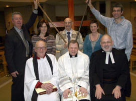 At the Churches Together in Lisburn Annual Unity Week Service in St Colman’s Roman Catholic Church, Lambeg last Sunday afternoon (January 18) are L to R: (seated) The Rev Canon William Bell (Rector of Eglantine Parish), the Very Rev Feargal McGrady (St Colman’s Parish Priest) and the Rev David Knox (Minister of Harmony Hill Presbyterian Church). (back row) Pole bearers Jim Donaghy (left) and Michael Potter (right) with Kim Lindsay, Jim Slevin and Jayne Martin who led the prayers and Scripture lessons.