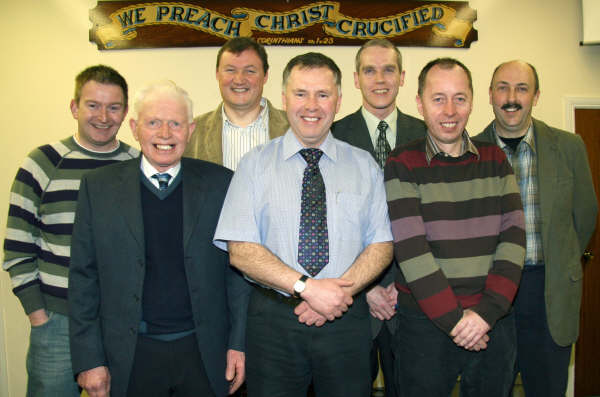 Ballygowan Mission Hall leaders L to R: (front row) Jim Moorhead, Gordon Martin and John Hobson. (back row) Stephen Shanks (Treasurer), Philip Osborne, Stephen Gamble and Brian Poots. 