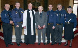 L to R: Colonel Daryl Hewitt (Regimental Commander), Captain Robin Mack, Rev David Boyland (Rector), Major Edgar McIlroy (First Captain), Martin Gillespie (Grandson of the First Captain), Major Albert Mack (Second Captain) and Major Margaret McCabe (Battalion Commander).