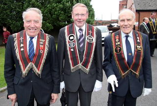 L to R: Sir Knights Stewart Clarke and John Thompson (Killultagh RBP 517) and Tommy Clarke (Ballinderry Coronation Temperance RBP 166)