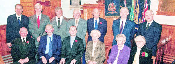 Ballycairn Session, Treasurer and Organist with Rev Clarke Deering. Front Row L-R:- Mr William Clarke (Elder); Mr William Steele (Clerk of Session); Rev Clarke Deering; Mrs Rosaline Ruffell (Elder); Miss Joy Rainey (Elder); Mrs Edith Douglas (Organist). Back Row L-R:- Mr David Gowdy (Treasurer); Mr Stephen Gilbert (Elder); Mr Oliver Hull (Elder); Mr William Dornan (Elder); Mr Eric Patterson (Elder); Mr Marvin Gowdy (Elder); Mr Victor Sinclair (Elder).