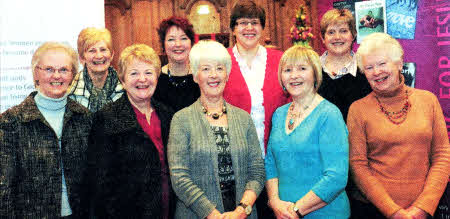 At the Railway Street PW service are L to R: (front) Railway Street ladies - Bertha Cowan (0rganist), Phyllis Spence (PW Home Vice President), Elma Lindsay (PW Leader), Barbara Bailie (PW Deputy Leader) and Heather Henry. (back row) PW Central Committee ladies - Vera McLean, Deborah Hyland, Anna Morison and Valerie Tweedie.