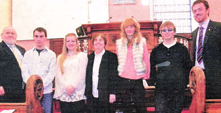 (L-R) Neville Mawhinney (Society Steward), Jonathan Gilbert, Rebecca Armstrong, Rev. Liz Hewitt (Minister), Louise Gilbert, Luke Smart and Mark Baxter (Moira and Glenavy Circuit Youth Worker).