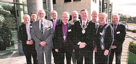 At the Irish Council of Churches 2011 AGM are (left to right); Rev Paul Kingston (President of Methodist Church in Ireland); Rev John Brackenridge (First Lisburn Presbyterian Church); Rev Dr Gordon Gray (First Lisburn Presbyterian Church); Rev Brian Anderson (Seymour Street Methodist Church); Most Rev Dr Richard Clarke (President of the Irish Council of Churches); Rev David Knox (Harmony Hill Presbyterian Church); Mayor of Lisburn, Alderman Paul Porter; Rev Brian Gibson (Railway Street Presbyterian Church); Rt Rev Dr. Norman Hamilton (Moderator of the Presbyterian Church in Ireland) and Good Relation's Officer, Lisburn City Council, Mr David Mitchell.