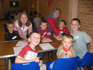 Leaders Ruth Ellis and June Todd pictured with L to R: (front) Alexander Toombs, Sam Hayes and Ben Pentland. (second row) Kyle Hayes, James Hayes and James Howson, at Ballinderry Presbyterian Church Holiday Bible Club.