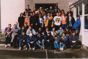 The last Inter Church camp in 1998. Railway Street Church members in the photo are: Colin Jamieson with his daughter Sarah-Jane is on the extreme left. Second row: Alan Meban (2nd from left) Andrew Coggins (3rd from left). Standing: (first row) Claire Mitchell (left). Standing: (second row) Laura Bittle (4th from left), Stuart Bittle (behind Laura), Abigail Gowdy, XXX McKibben, Roger Gowdy (white T-shirt) and Allister Brown behind Roger. Ryan Wilson (back row on the right). In the very back row: (centre of the picture) is Aaron King who was a faithful and hard working leader of the Y Club since it opened in 1977.