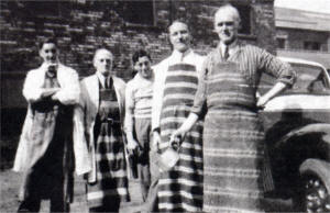At the Bow Street butcher's shop in 1939. L to R: Jimmy Little, Bob Ingram, Fred Gordon (van Driver), Vicky Lynas and Tommy McMillan (sausage maker) 