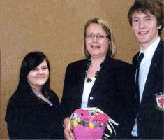 Head Girl Claire Donaldson and Head Boy Richard Johnston with Principal Mrs Anne McBride at the final Sixth Form assembly. 