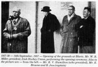 1957-58 - 14th September, 1957 - Opening of the grounds at Blaris. Mr. W. R. Miller, president, Irish Hockey Union, performing the opening ceremony. Also in the picture are - from the left - Mr. R. V. Hamilton (who presided), Mr. E. Browne and R. Jess (captain)