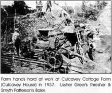 Farm hands hard at work at Culcavey Cottage Farm (Culcavey House) in 1937. Ussher Greer's Thresher & Smyth Patterson's Baler.