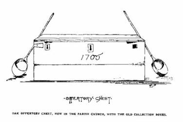 OAK OFFERTORY CHEST, NOW IN THE PARISH CHURCH, WITH THE OLD COLLECTION BOXES.