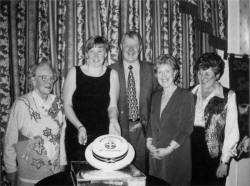 At the 75th Anniversary of Seymour Street GLB The Rev Kenneth Best with four Captains: Miss Kathleen McCullough Mrs Karen Allen, Mrs Sheila Millar and Mrs Gwen McMillan