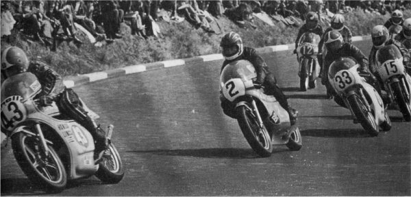 Neill Tuxworth (43), Ray McCullough (2) and Brian Reid (33) jockey for places in the Ulster Grand Prix. Photo: By courtesy Ulster Star, Lisburn.