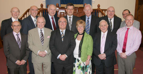 At the Induction Service of Pastor Clifford Morrison in Carr Baptist Church last Friday evening (17th April) are L to R:  (front) Mr Robin McCluskey (Elder), Mr Victor Scott (Elder), Pastor Clifford Morrison, Mrs Margaret Morrison, Mr Robert Graham (Elder), Myles Cordner (Church Secretary).  (back row) Pastor Walter Entwistle, Pastor Jim Smyth, Pastor Jackie Hughes (Ballykeel Baptist), Pastor Ian Grant, Pastor Sam Carson, Pastor Freddie McClaughlin and Rev Alistair Smyth (Carryduff Presbyterian).