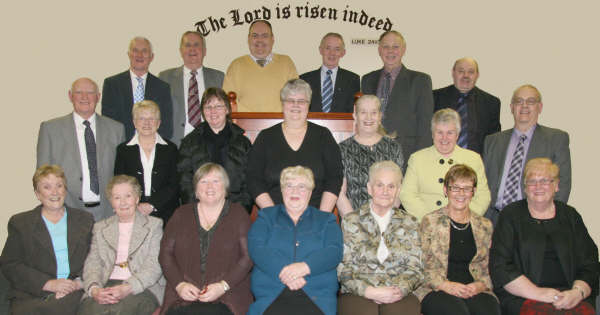 Members and friends of Lisburn Pentecostal Fellowship (Hulls Hill) pictured with Pastor George Sands (left) and Mr Alastair Johnston (right). 