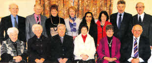 L to R: (front row) Eileen Logan, Helen Smyth, Rev Raymond Devenney, Mrs Kathy Devenney, Hugh Crookshanks and Clara Crookshanks. (back row) Paul Logan, William Grant, Denise Grant, Daphne Dunlop, Tini Philip-Thomas, Georgina Poots, George Poots and Sandy Wood.