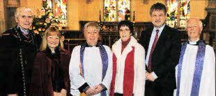 L to R: The Rev Robert McKee, former Non- Subscribing Presbyterian Church Moderator and former minister of Killinchy, Mrs Lorna McKee, Rev Raymond Devenney, Mrs Kathy Devenney, Basil McCrea MLA and Canon John Bell, former rector of Holy Trinity, Drumbo.