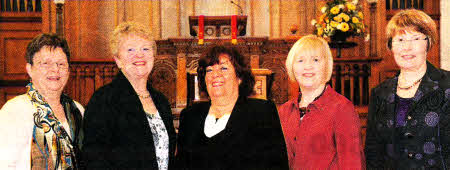 At the PW service in Railway Street Presbyterian Church are L to R: Margaret Scott (Treasurer), Phyllis Spence (Leader), Rev Jacqueline Hartsmith Foy (Guest Speaker), Barbara Bailie (Deputy Leader) and Elizabeth Bridgett (Secretary).