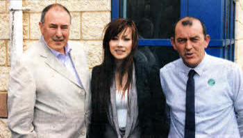 Sinn Fein MLA Mitchel McLaughlin with Lisburn Councillor Arder Carson and MaryKate Quinn