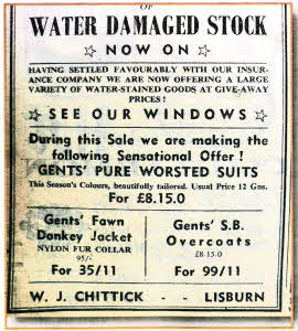 There was a chance of a real bargain in 1958 when WJ Chittick of Lisburn were selling water stained goods.