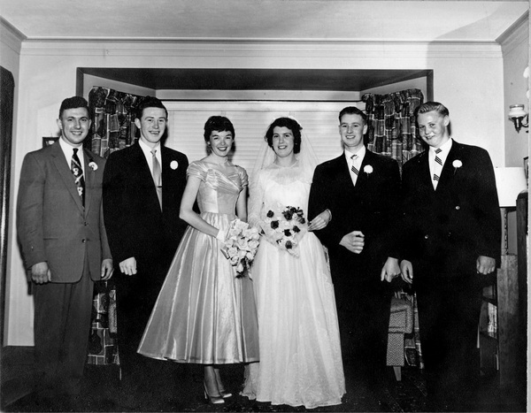 L-R Sidney Kerr (Hillsborough), Ken Walsh (Toronto), Pat Walsh (Toronto), Oline (nee Graham Hillsborough), John (Hillsborough), Jim Collins (Lisburn)
